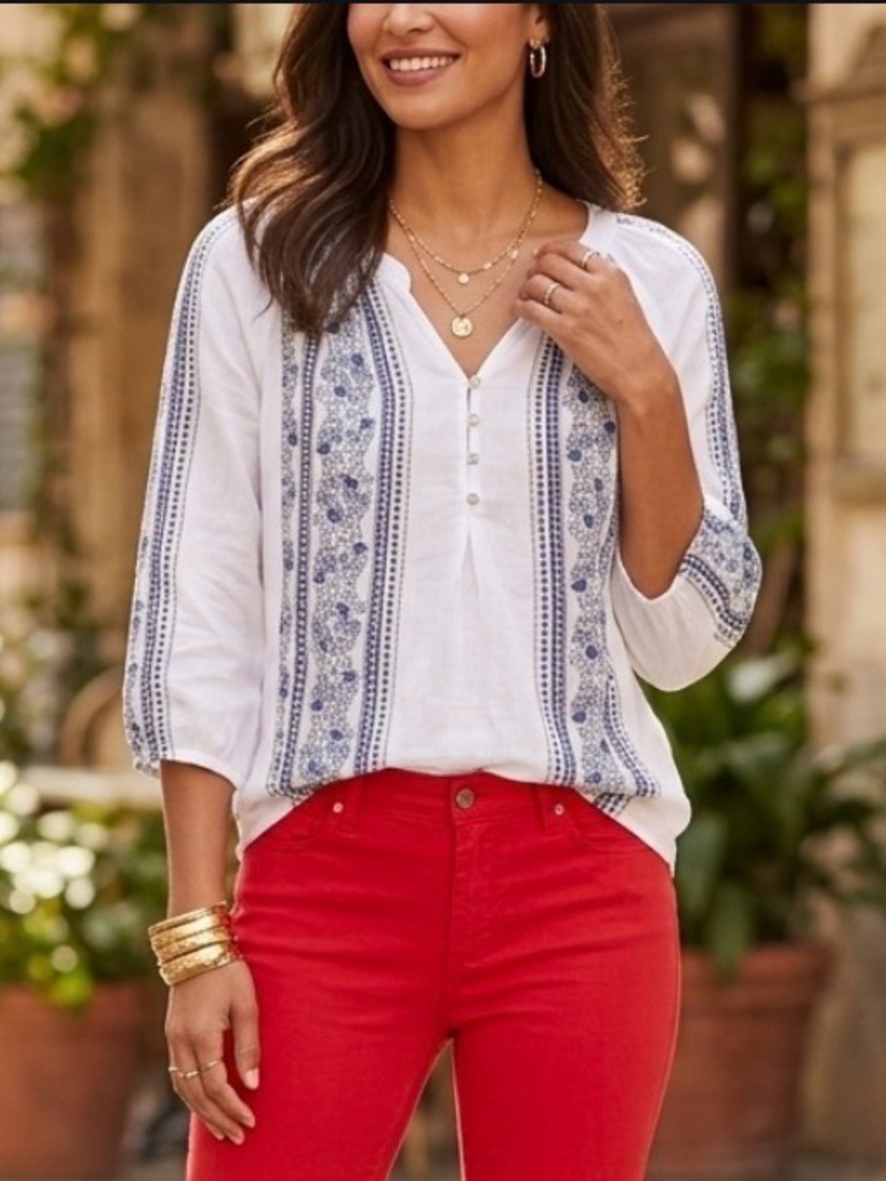 White V-Neck Embroidered Peasant Blouse with Blue Paneling